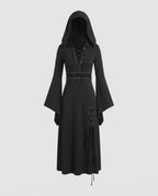 Black hooded midi dress with bell sleeves and lace-up details - view 5