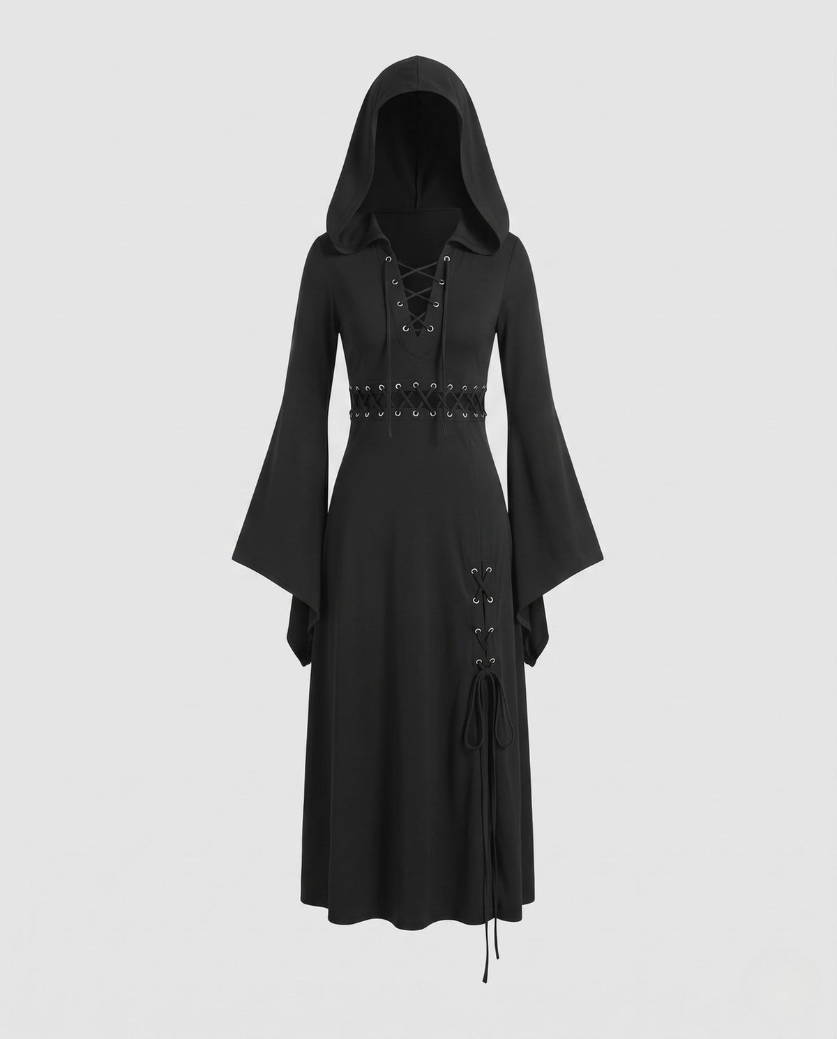 Black hooded midi dress with bell sleeves and lace-up details - view 5