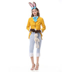 Women's bunny Halloween costume with yellow tailcoat jacket, blue satin bow, polka dot vest front and pinstripe cropped pants