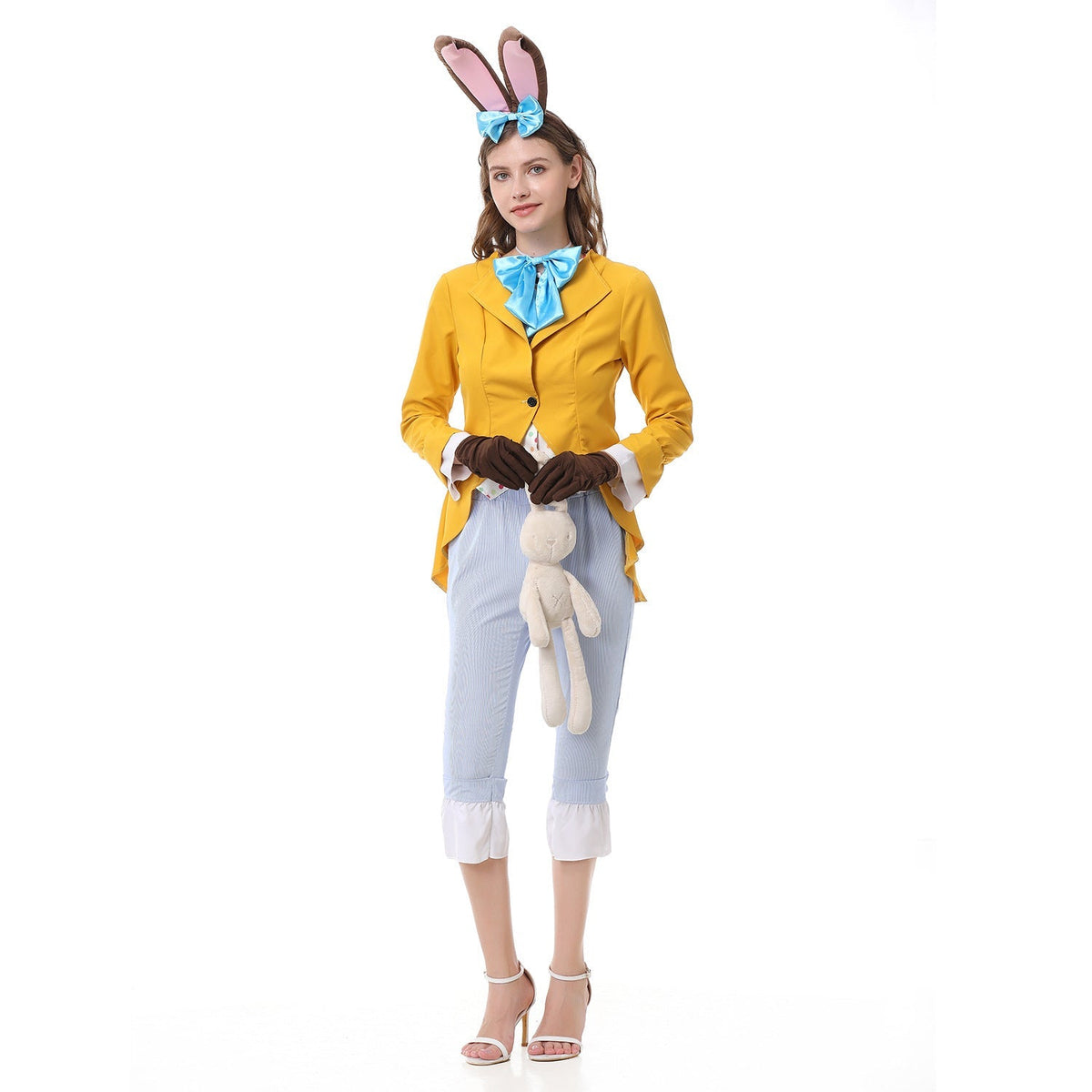 Women's bunny Halloween costume with yellow tailcoat jacket, blue satin bow, polka dot vest front and pinstripe cropped pants