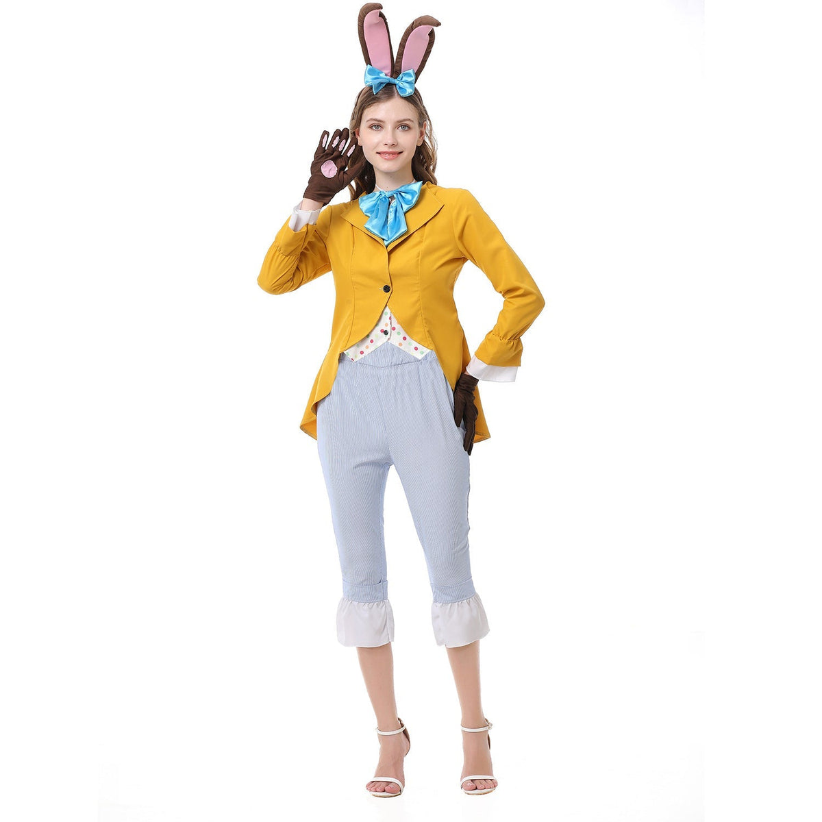 Women's bunny Halloween costume with yellow tailcoat jacket, blue satin bow, polka dot vest front and pinstripe cropped pants - view 2