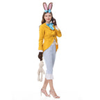 Women's bunny Halloween costume with yellow tailcoat jacket, blue satin bow, polka dot vest front and pinstripe cropped pants - view 3