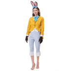 Women's bunny Halloween costume with yellow tailcoat jacket, blue satin bow, polka dot vest front and pinstripe cropped pants - view 4