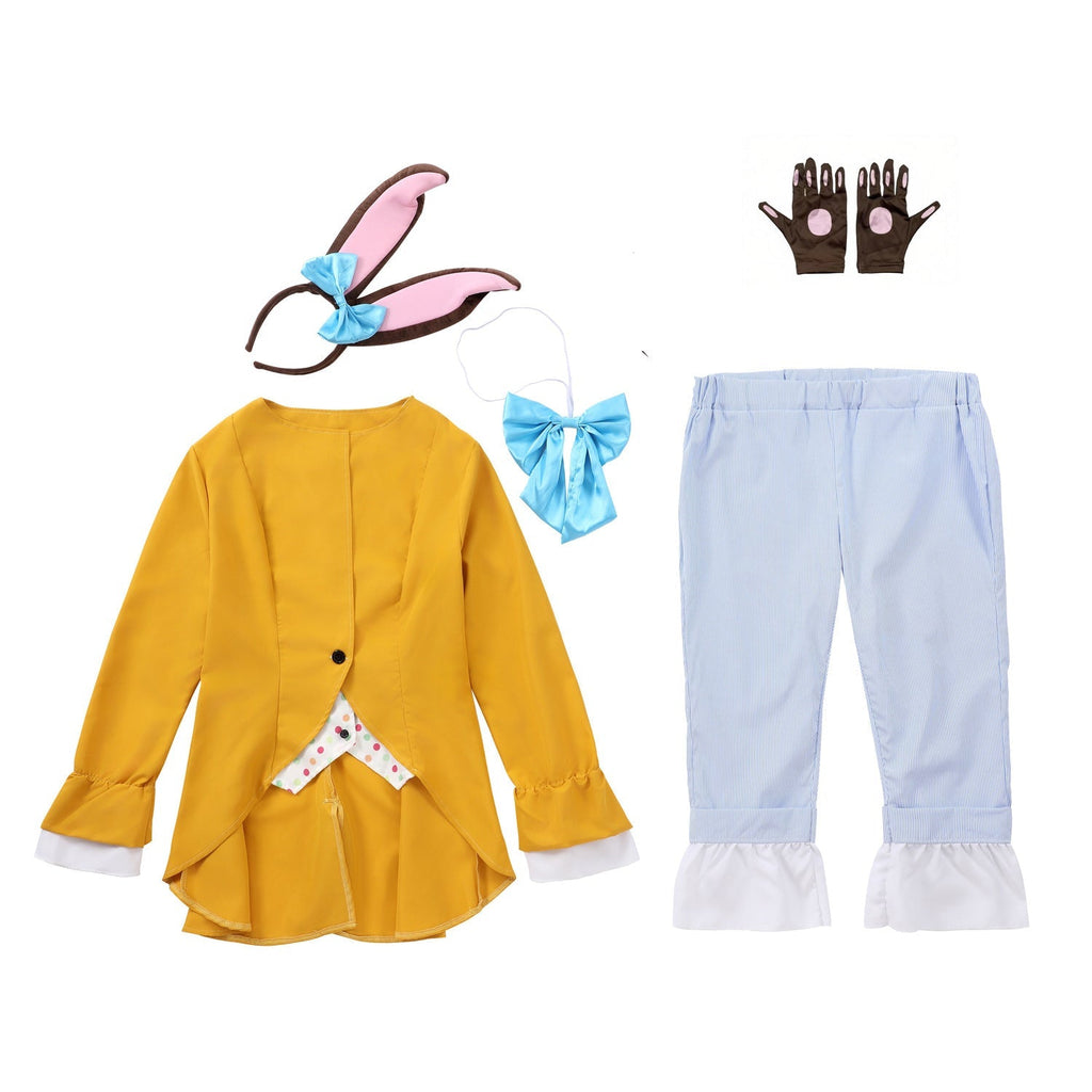 Women's bunny Halloween costume with yellow tailcoat jacket, blue satin bow, polka dot vest front and pinstripe cropped pants - view 5