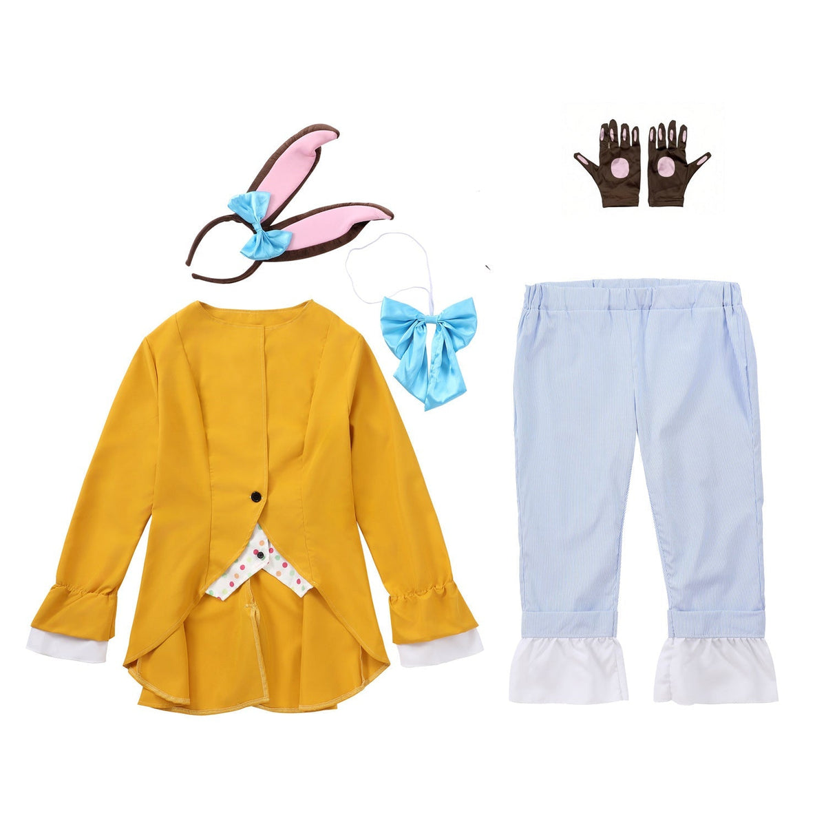 Women's bunny Halloween costume with yellow tailcoat jacket, blue satin bow, polka dot vest front and pinstripe cropped pants - view 5