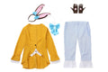 Women's bunny Halloween costume with yellow tailcoat jacket, blue satin bow, polka dot vest front and pinstripe cropped pants - view 6