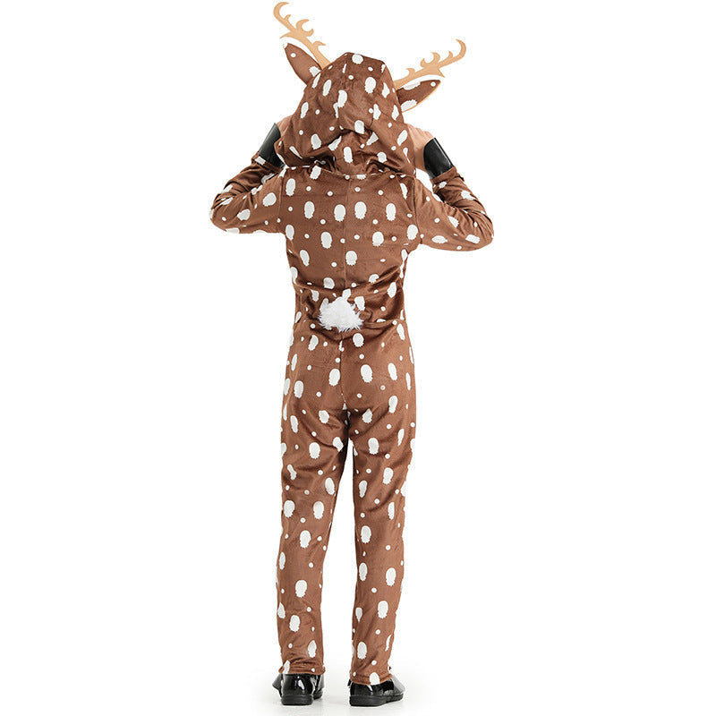 Girls plush deer Halloween costume jumpsuit with antler hood - view 2