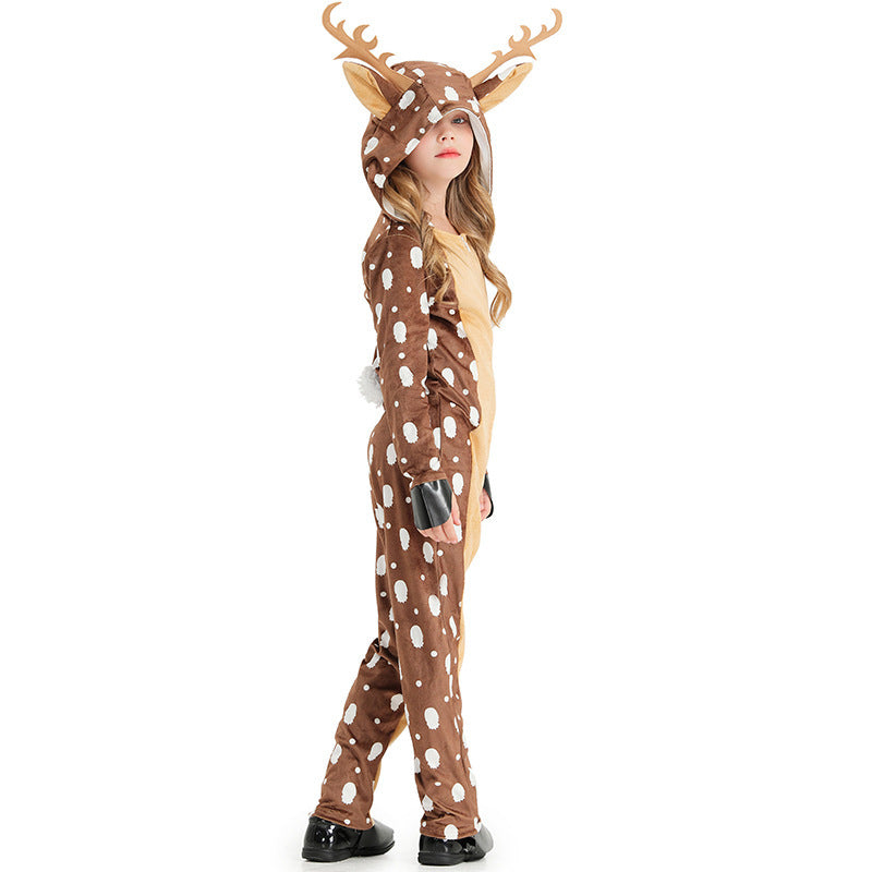 Girls plush deer Halloween costume jumpsuit with antler hood - view 4
