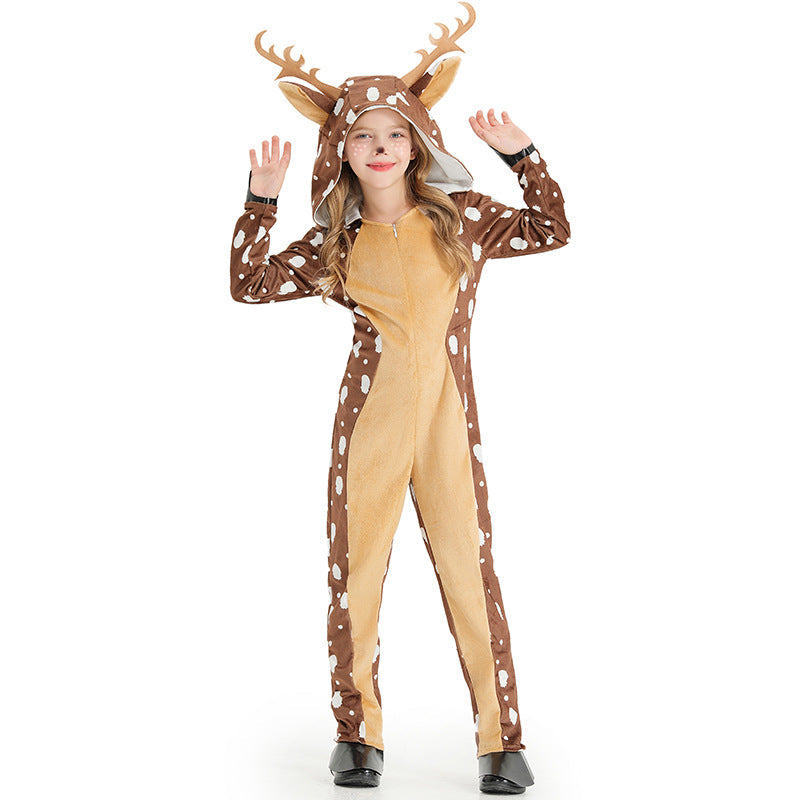 Girls plush deer Halloween costume jumpsuit with antler hood - view 6