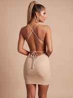 Glitter halter mini dress with plunging V neckline and open crisscross tie back - view 4
