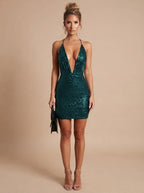 Glitter halter mini dress with plunging V neckline and open crisscross tie back - view 7