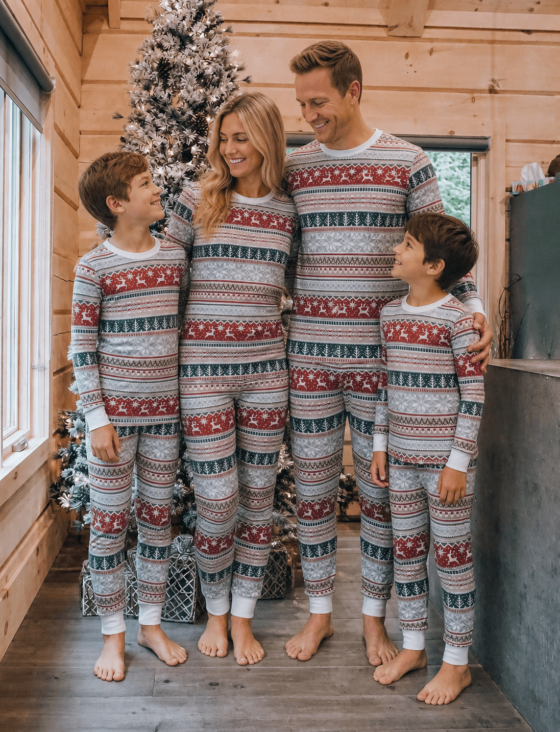 Family wearing matching Fair Isle Christmas pajamas with reindeer and snowflake print and white cuffs
