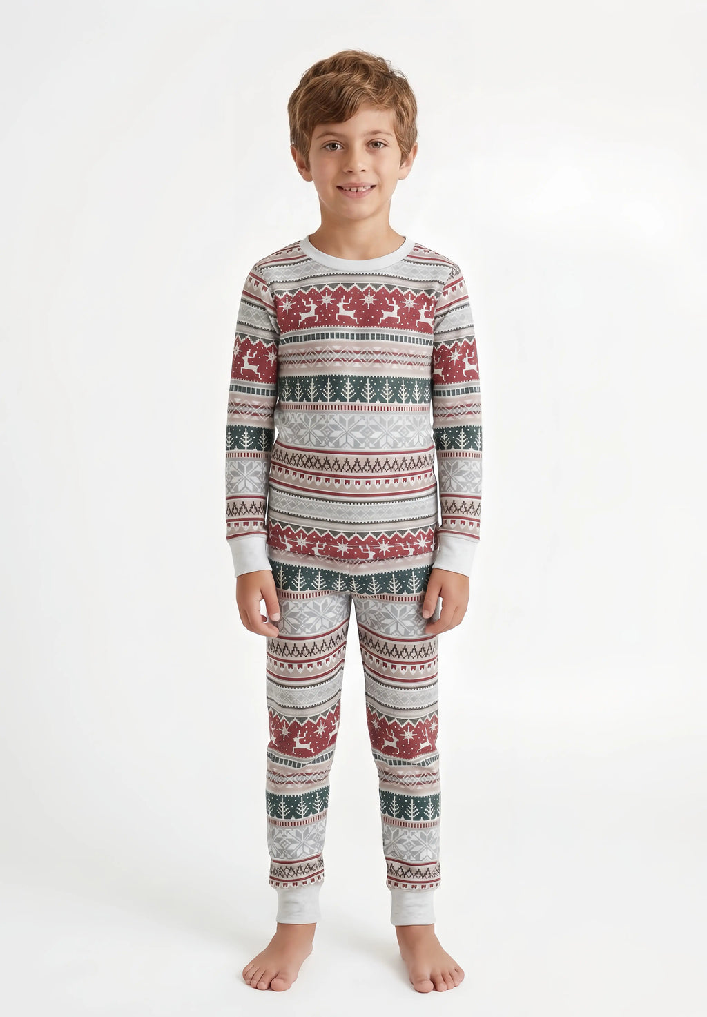 Family wearing matching Fair Isle Christmas pajamas with reindeer and snowflake print and white cuffs - view 10