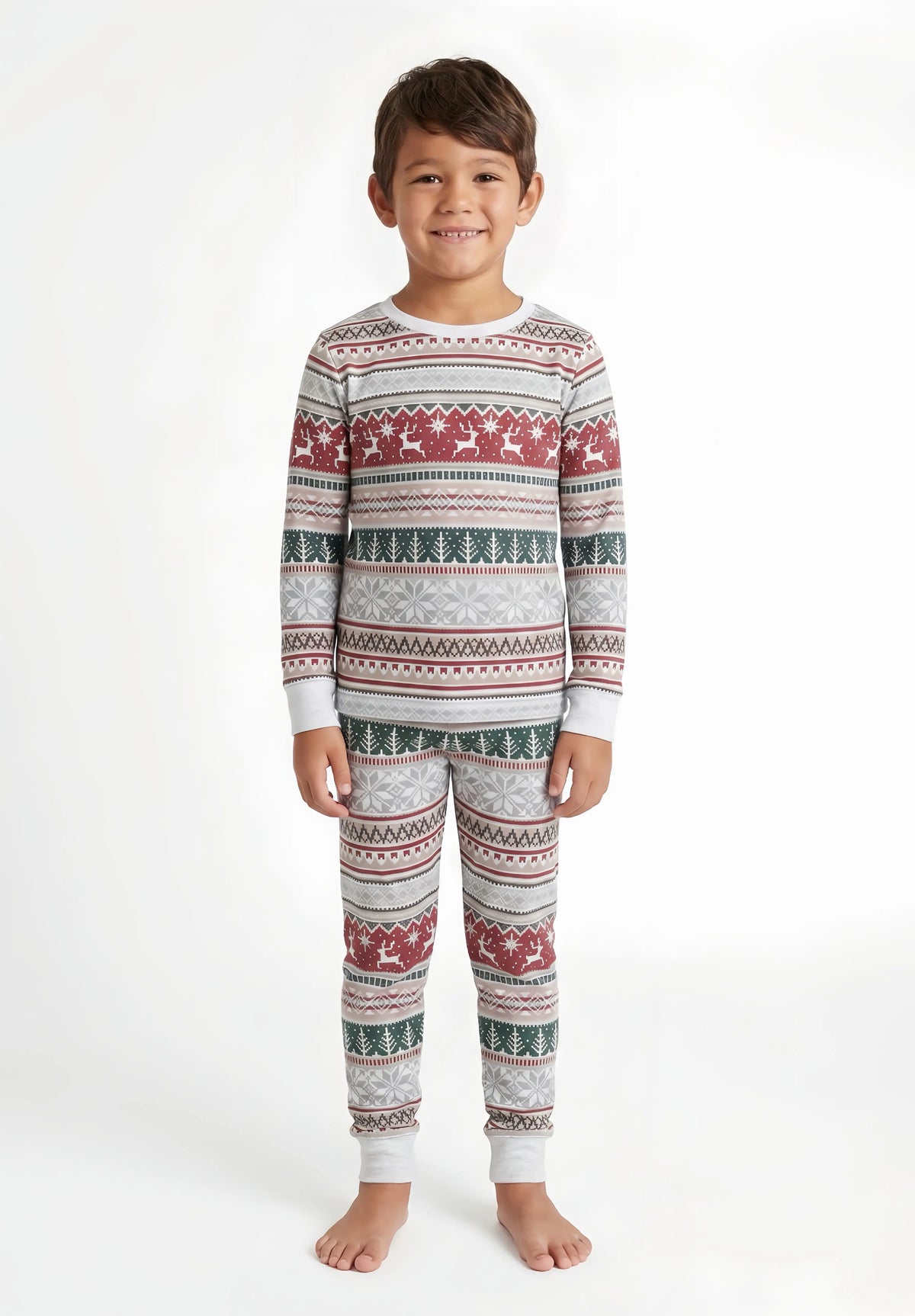 Family wearing matching Fair Isle Christmas pajamas with reindeer and snowflake print and white cuffs - view 11