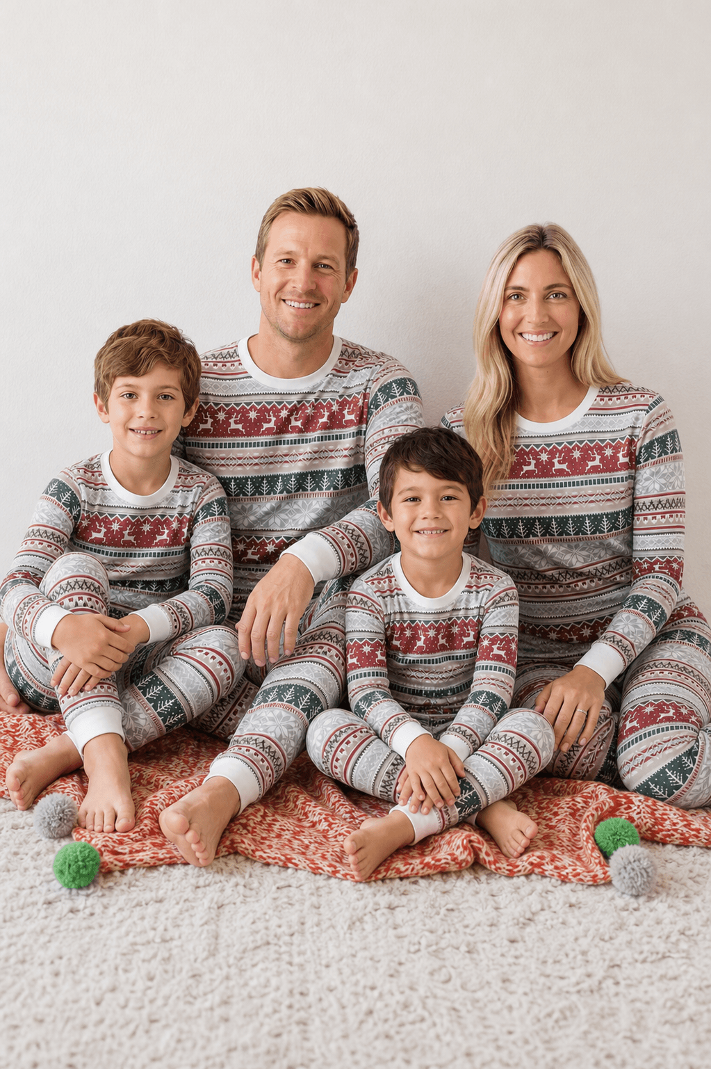 Family wearing matching Fair Isle Christmas pajamas with reindeer and snowflake print and white cuffs - view 2