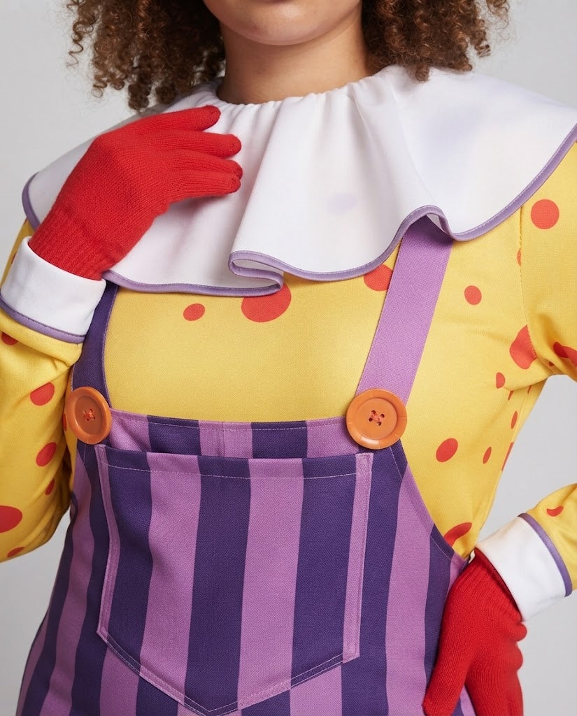 Women's clown Halloween costume with yellow polka dot top, white ruffle collar and purple striped overalls - view 3