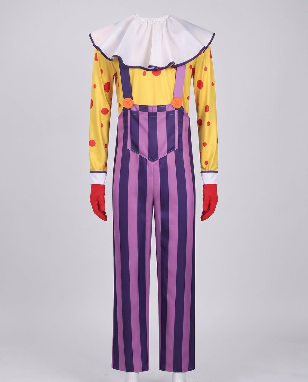 Women's clown Halloween costume with yellow polka dot top, white ruffle collar and purple striped overalls - view 4