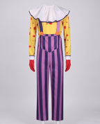 Women's clown Halloween costume with yellow polka dot top, white ruffle collar and purple striped overalls - view 4