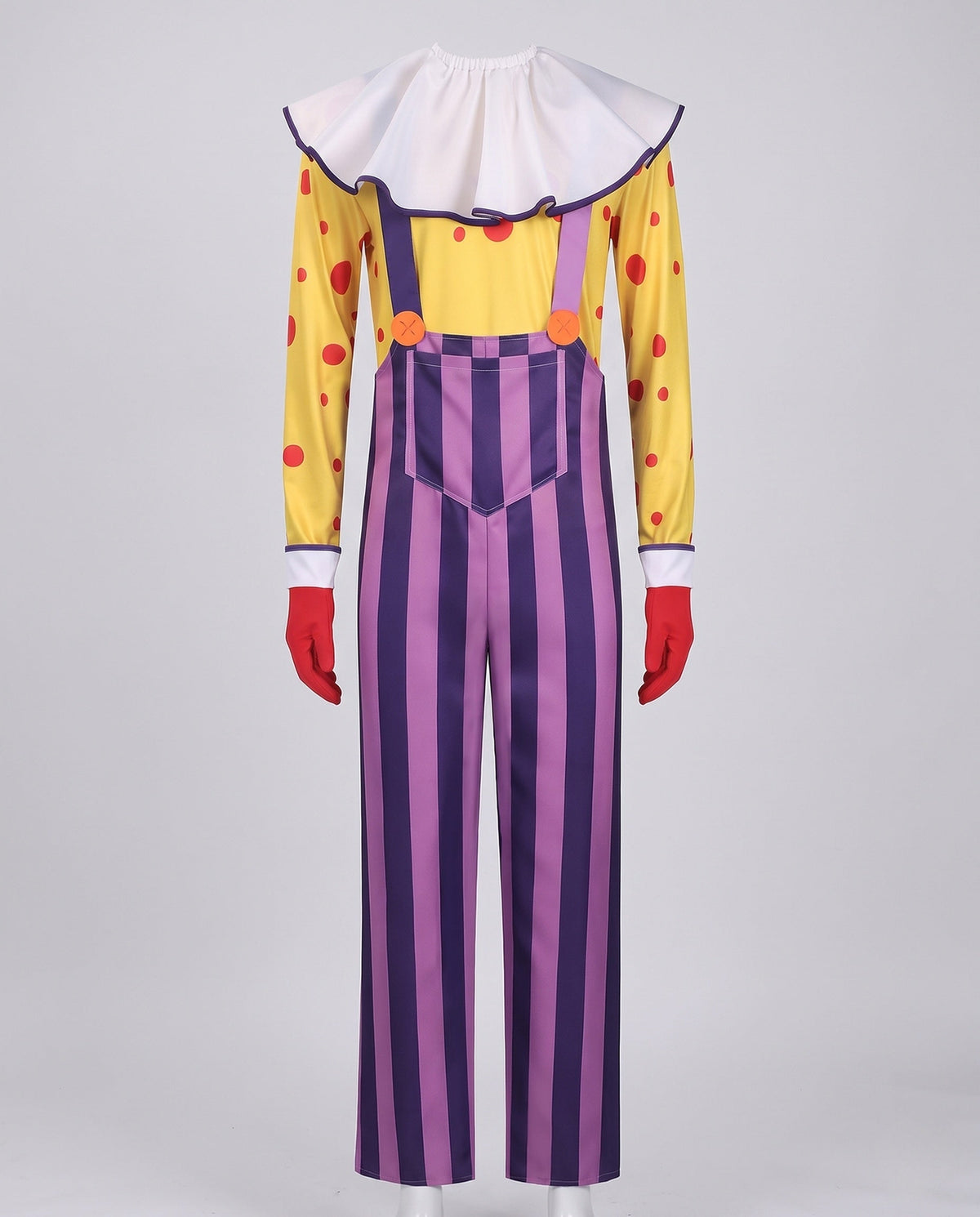 Women's clown Halloween costume with yellow polka dot top, white ruffle collar and purple striped overalls - view 4