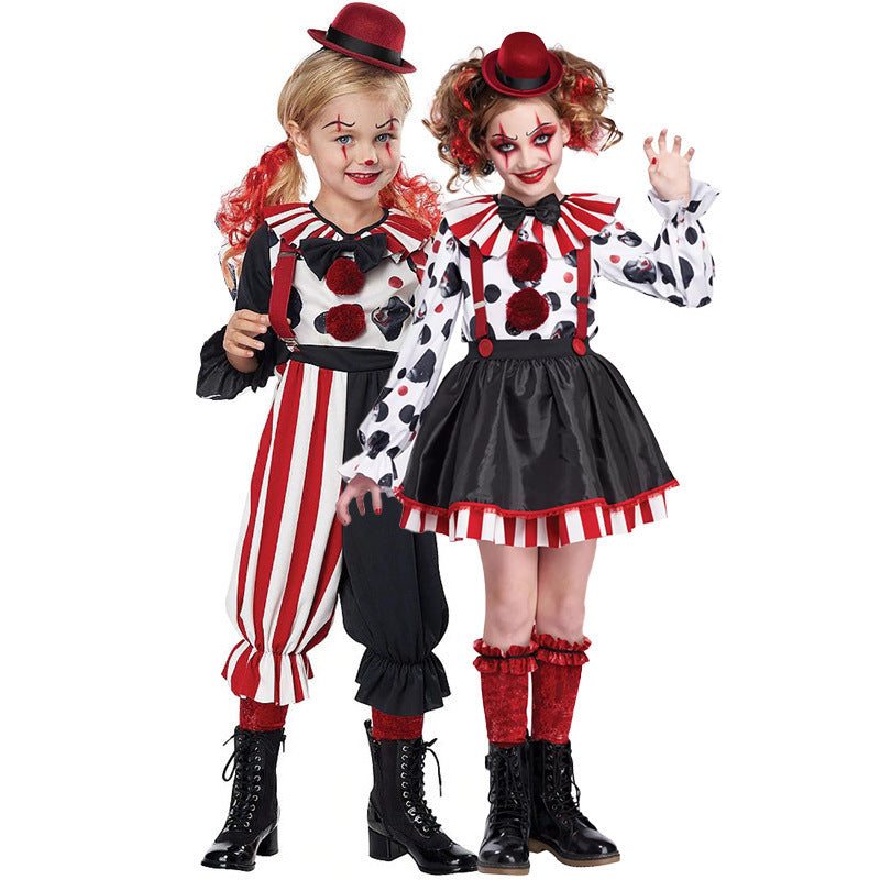 Girls clown Halloween costume with striped ruffle collar, polka-dot print, red pom-poms, suspenders and mini red hat
