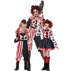 Girls clown Halloween costume with striped ruffle collar, polka-dot print, red pom-poms, suspenders and mini red hat - view 2