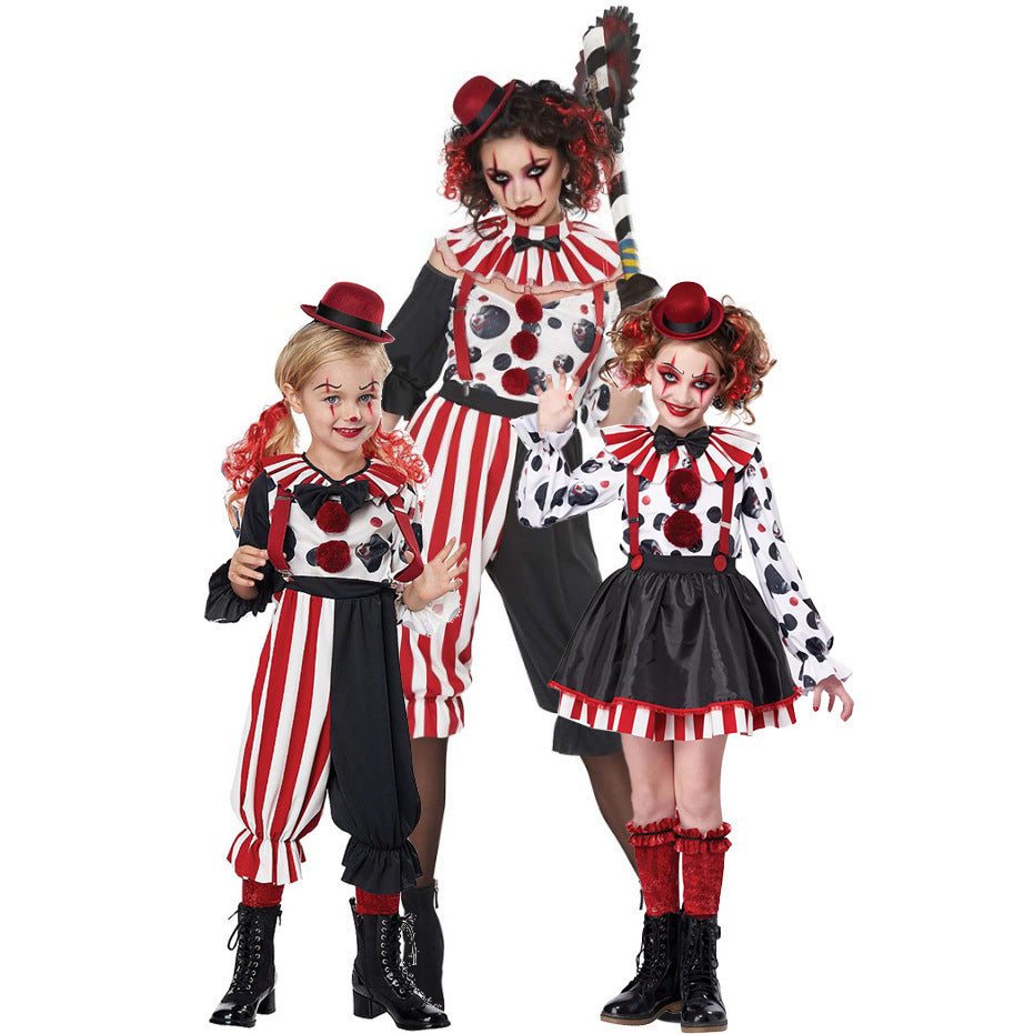 Girls clown Halloween costume with striped ruffle collar, polka-dot print, red pom-poms, suspenders and mini red hat - view 2