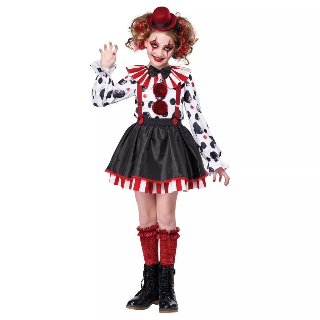 Girls clown Halloween costume with striped ruffle collar, polka-dot print, red pom-poms, suspenders and mini red hat - view 3