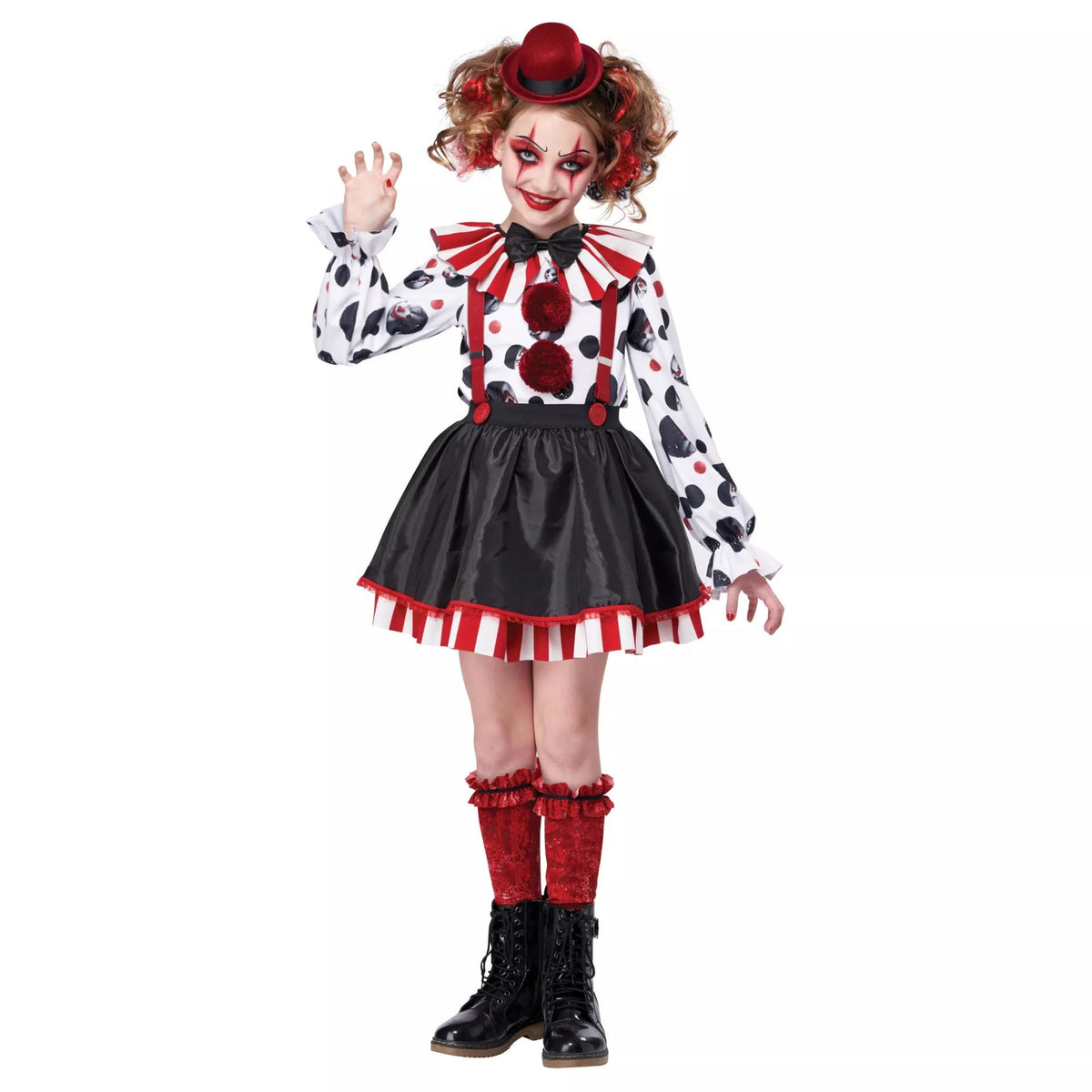 Girls clown Halloween costume with striped ruffle collar, polka-dot print, red pom-poms, suspenders and mini red hat - view 3