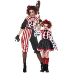 Girls clown Halloween costume with striped ruffle collar, polka-dot print, red pom-poms, suspenders and mini red hat - view 5