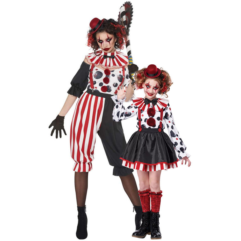 Girls clown Halloween costume with striped ruffle collar, polka-dot print, red pom-poms, suspenders and mini red hat - view 5