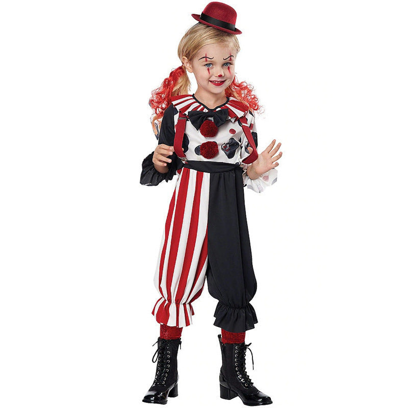 Girls clown Halloween costume with striped ruffle collar, polka-dot print, red pom-poms, suspenders and mini red hat - view 7