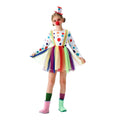 Girls clown Halloween costume with polka dot long sleeve top, rainbow tulle skirt, suspenders and mini top hat
