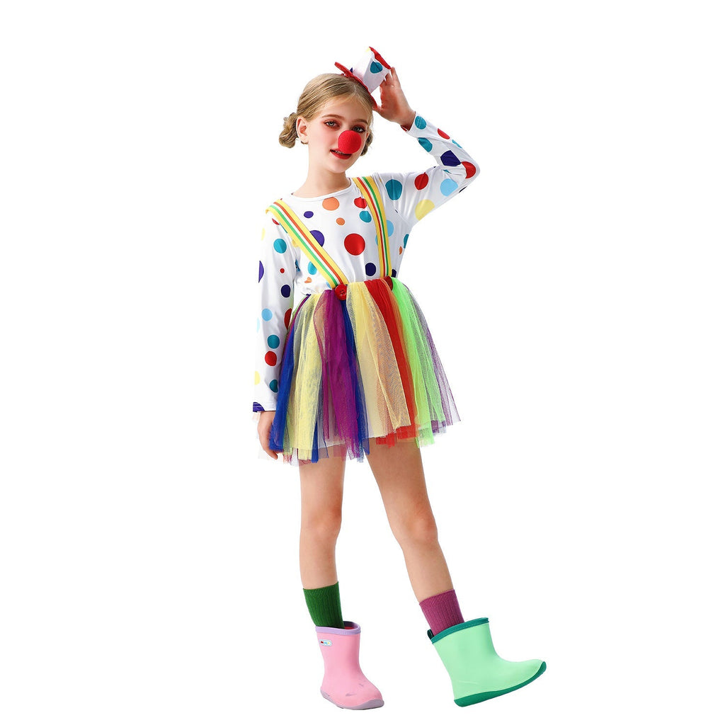 Girls clown Halloween costume with polka dot long sleeve top, rainbow tulle skirt, suspenders and mini top hat - view 2