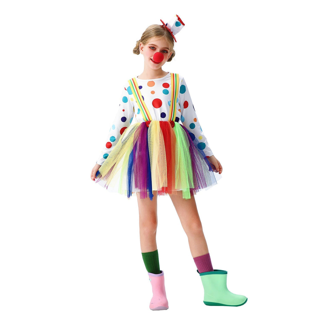 Girls clown Halloween costume with polka dot long sleeve top, rainbow tulle skirt, suspenders and mini top hat - view 3