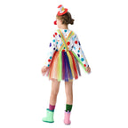 Girls clown Halloween costume with polka dot long sleeve top, rainbow tulle skirt, suspenders and mini top hat - view 4
