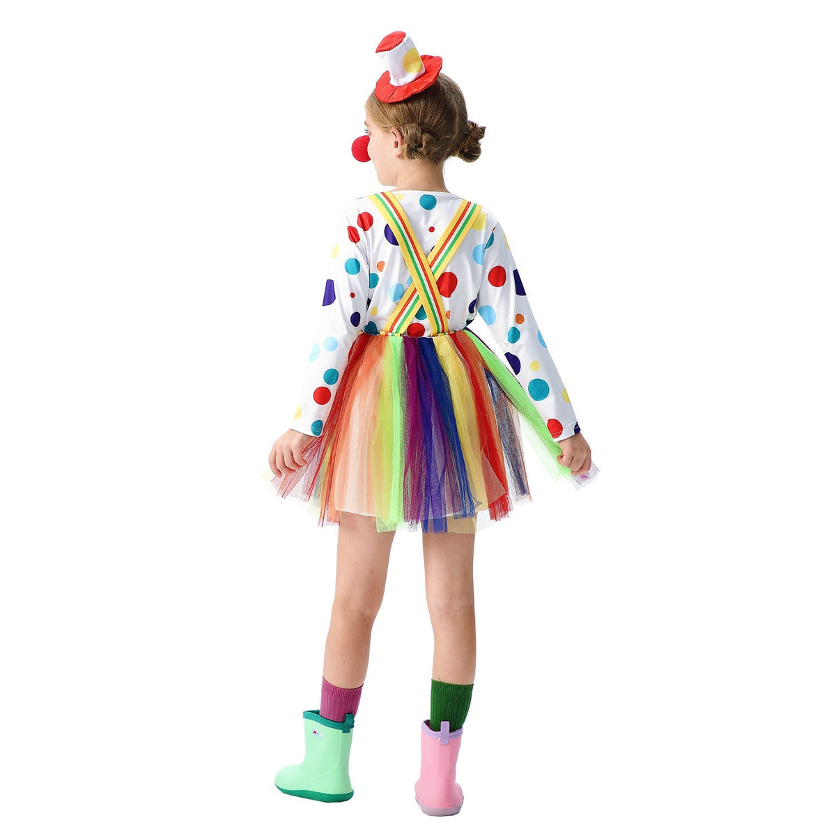 Girls clown Halloween costume with polka dot long sleeve top, rainbow tulle skirt, suspenders and mini top hat - view 4