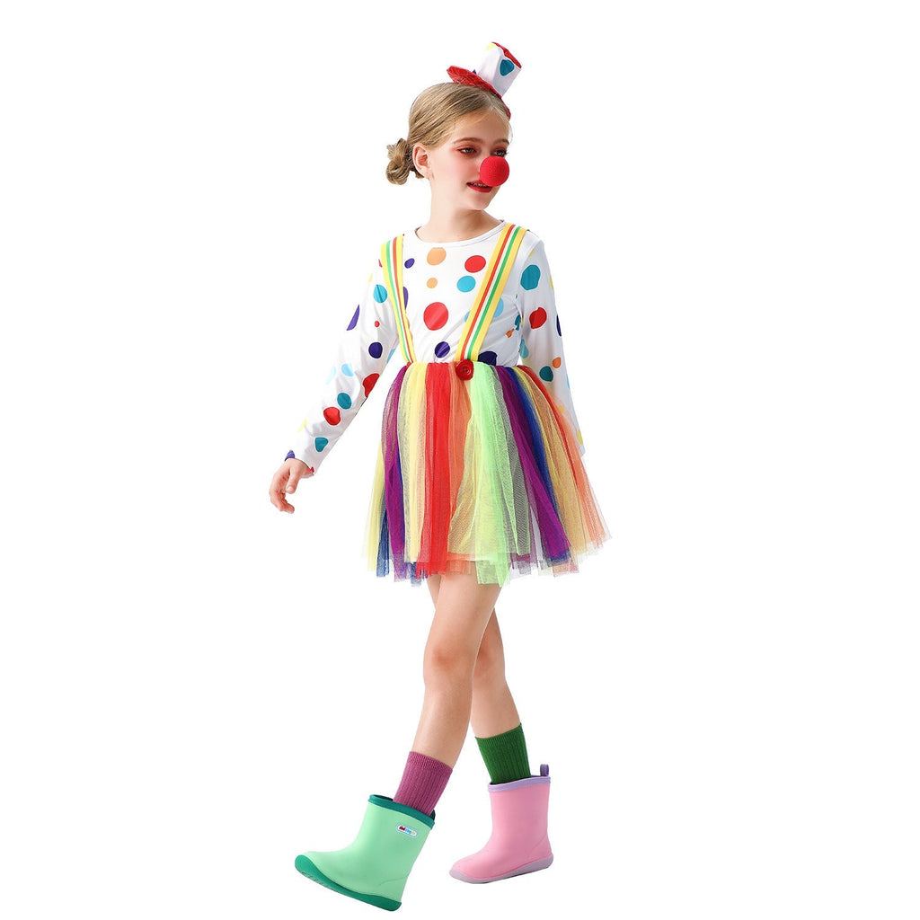 Girls clown Halloween costume with polka dot long sleeve top, rainbow tulle skirt, suspenders and mini top hat - view 5