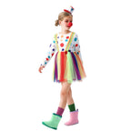 Girls clown Halloween costume with polka dot long sleeve top, rainbow tulle skirt, suspenders and mini top hat - view 5