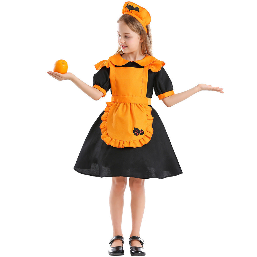 Girl wearing black puff-sleeve pumpkin Halloween costume dress with orange ruffled apron - view 3