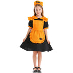 Girl wearing black puff-sleeve pumpkin Halloween costume dress with orange ruffled apron - view 4