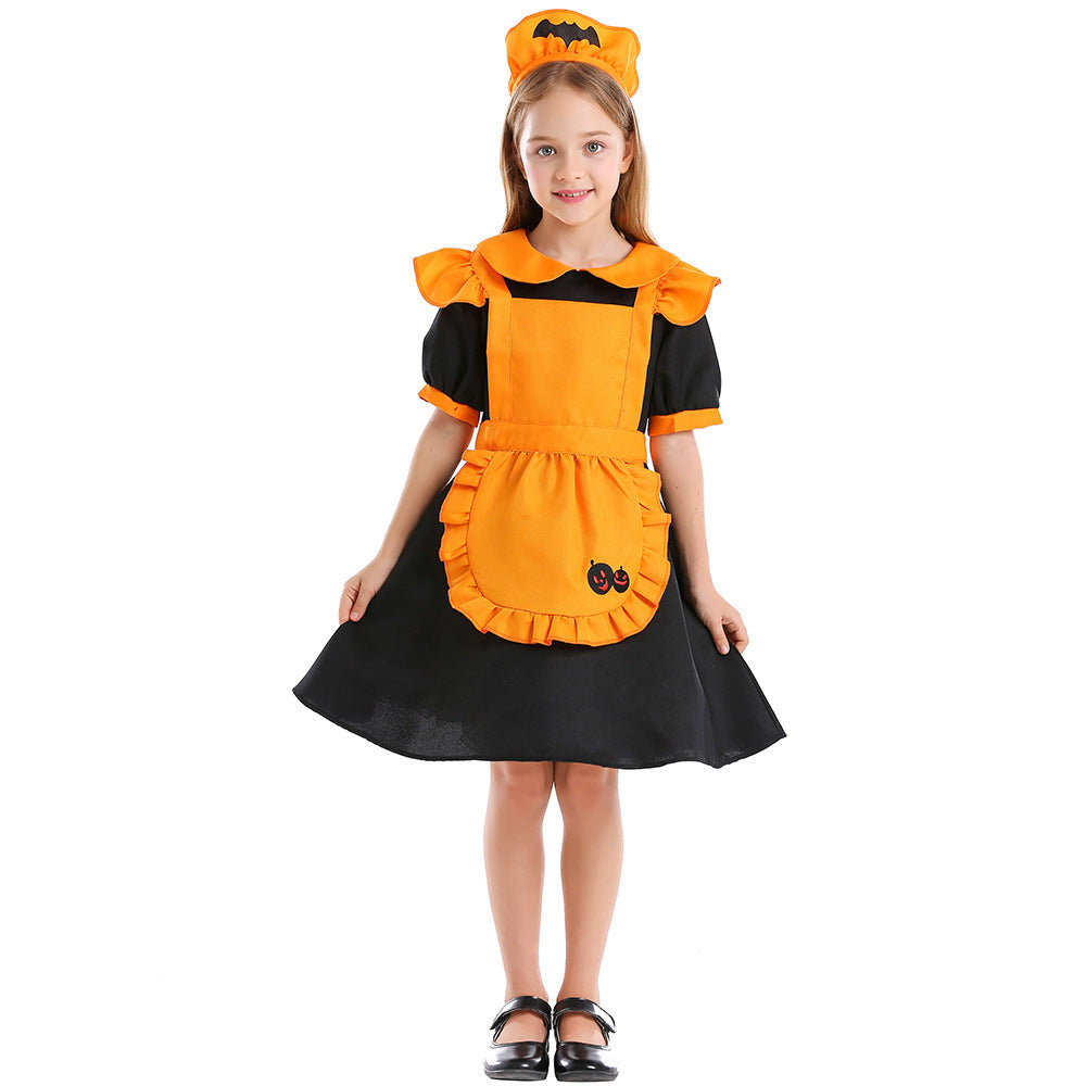 Girl wearing black puff-sleeve pumpkin Halloween costume dress with orange ruffled apron - view 4