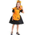 Girl wearing black puff-sleeve pumpkin Halloween costume dress with orange ruffled apron - view 6