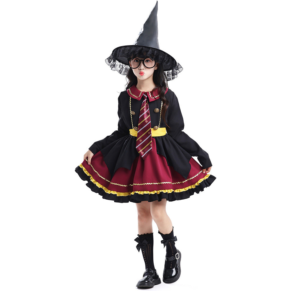 Girl wearing a black and burgundy witch costume with striped tie, yellow sash, ruffled skirt and lace-trimmed pointed hat - view 2
