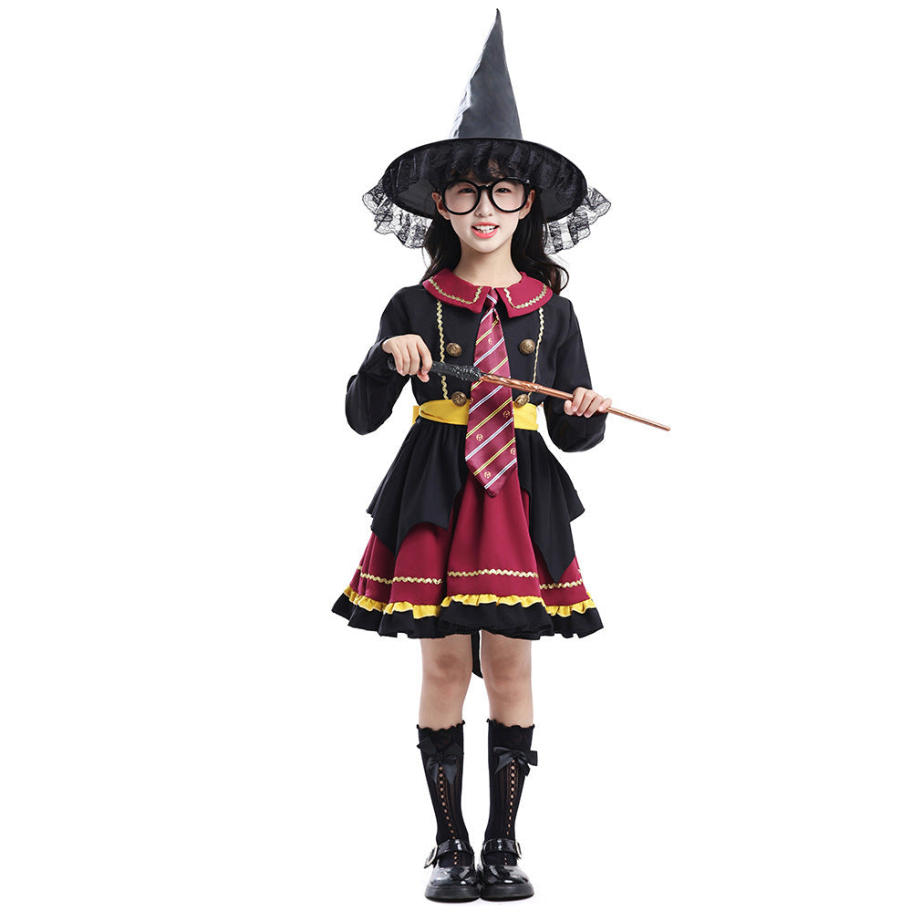 Girl wearing a black and burgundy witch costume with striped tie, yellow sash, ruffled skirt and lace-trimmed pointed hat - view 3