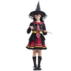 Girl wearing a black and burgundy witch costume with striped tie, yellow sash, ruffled skirt and lace-trimmed pointed hat - view 3