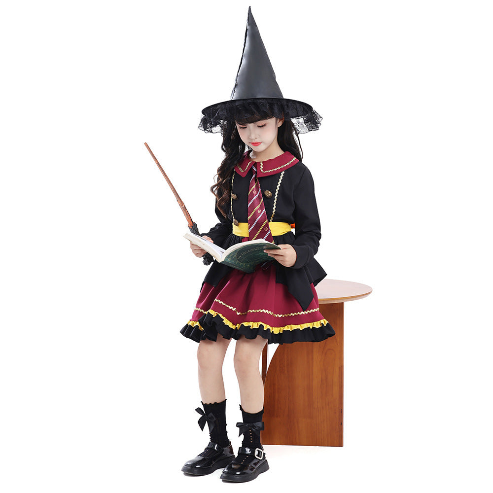 Girl wearing a black and burgundy witch costume with striped tie, yellow sash, ruffled skirt and lace-trimmed pointed hat - view 4