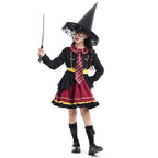 Girl wearing a black and burgundy witch costume with striped tie, yellow sash, ruffled skirt and lace-trimmed pointed hat - view 5