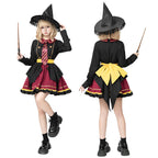 Girl wearing a black and burgundy witch costume with striped tie, yellow sash, ruffled skirt and lace-trimmed pointed hat - view 6