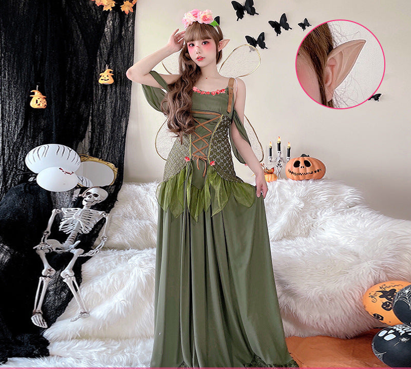 Women's green fairy Halloween costume with lace-up bodice, wings and flower headband