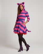 Women's pink and purple striped hooded cat costume dress with ears and tail